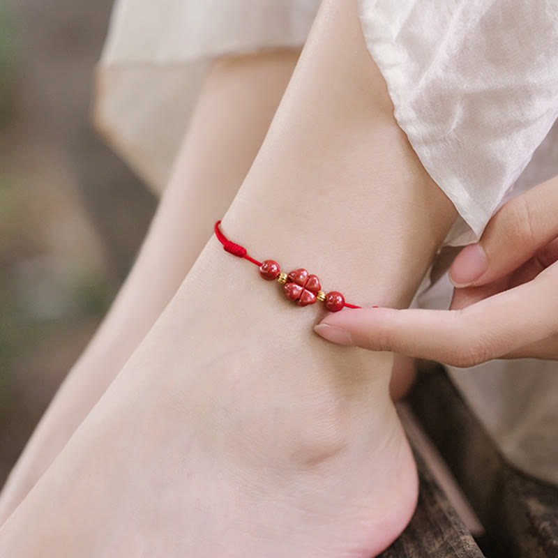 Nimara Ritual Four Leaf Clover Cinnabar Blessing Calm String Bracelet Anklet