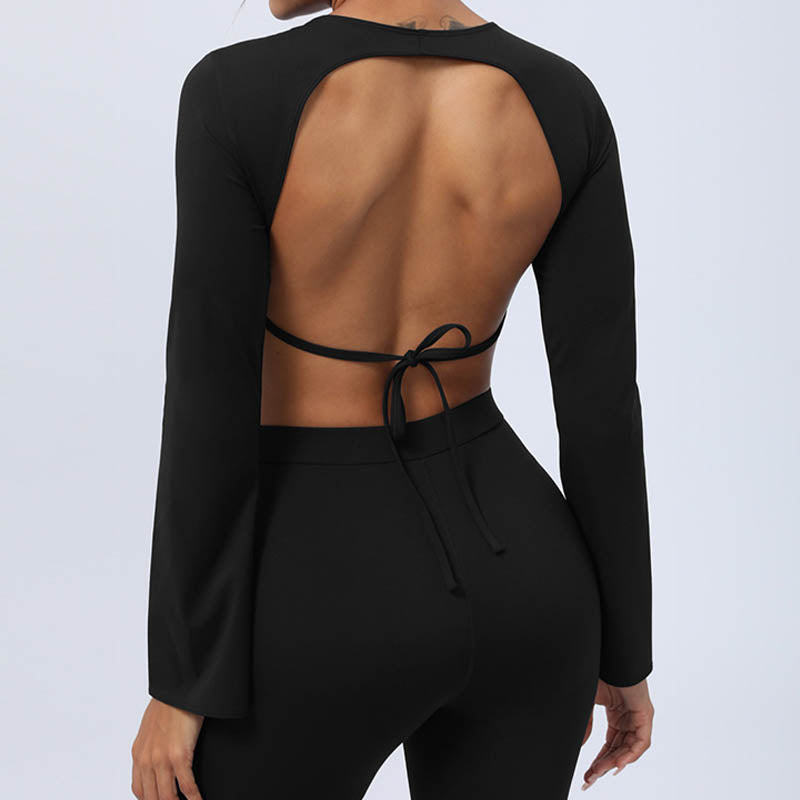 Nimara Ritual Long Sleeve Backless Strap Top Bra Flare Pants Fitness Yoga Outfit