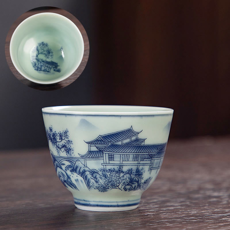 Nimara Ritual Blue Landscape Mountains Lotus Cute Cat Pavilions Magnolia Reed Egrets Ceramic Teacup Small Kung Fu Tea Cup