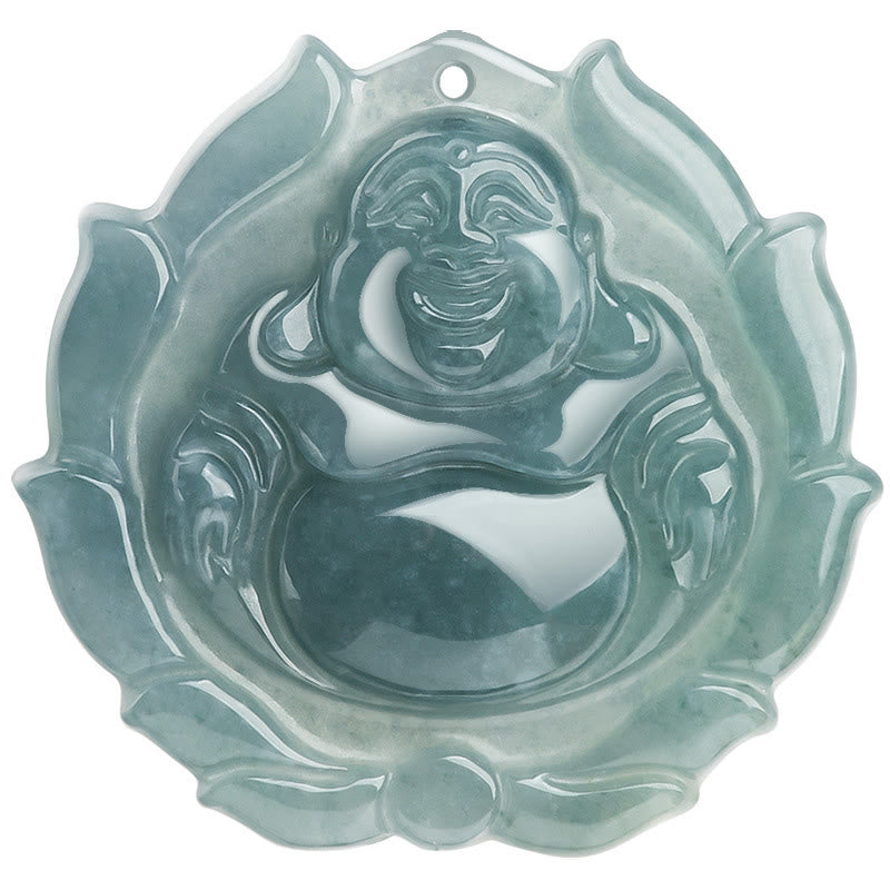 Nimara Ritual Natural Jade Laughing Buddha Lotus Pattern Luck Necklace Pendant