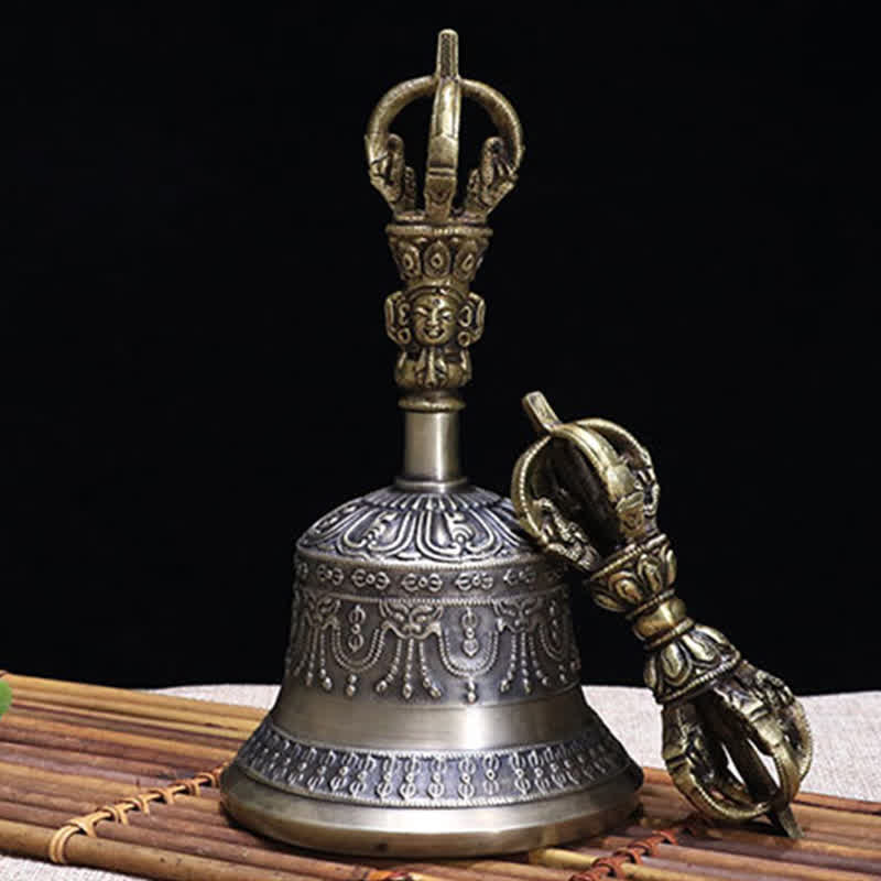 Nimara Ritual Tibetan Meditation Bell and Vajra Dorje Copper Enlightenment Decoration Set