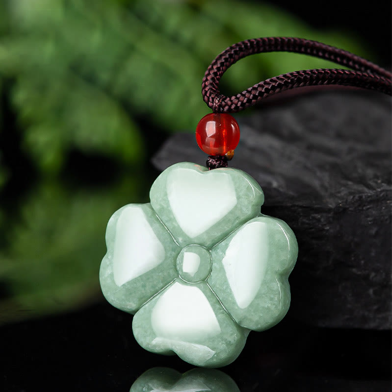 Nimara Ritual Natural Lucky Four Leaf Clover Jade Prosperity Necklace Pendant