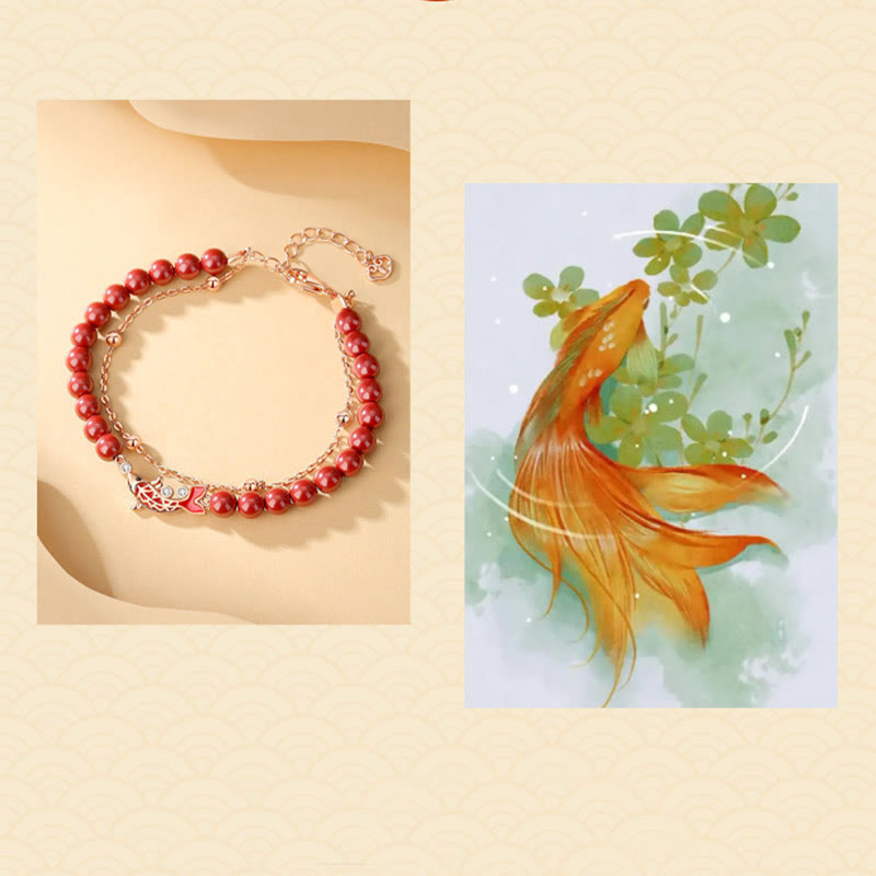 Nimara Ritual 925 Sterling Silver Lucky Koi Fish Cinnabar Zircon Prosperity Double Layer Chain Bracelet
