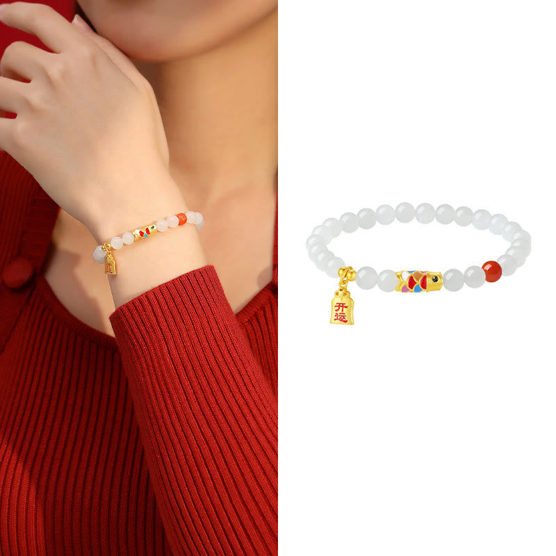Nimara Ritual 925 Sterling Silver Hetian White Jade Red Agate Koi Fish Luck Happiness Bracelet