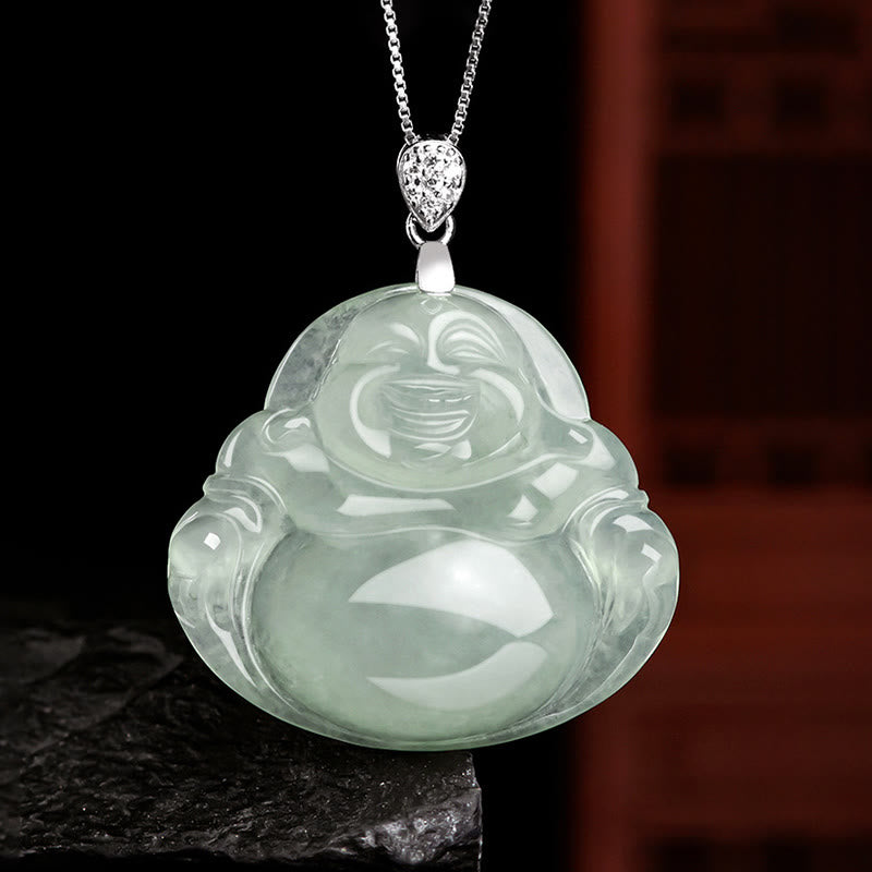 Nimara Ritual Natural Jade Laughing Buddha Prosperity Abundance Titanium Steel Chain Necklace Pendant