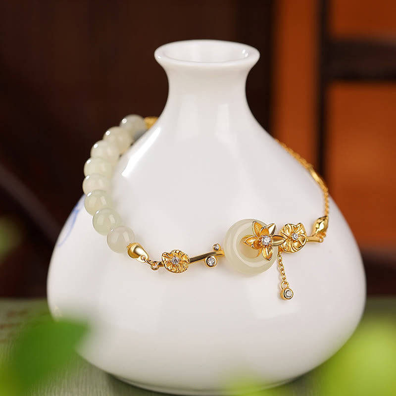 Nimara Ritual 925 Sterling Silver Hetian Jade Peace Buckle Lotus Luck Chain Bracelet