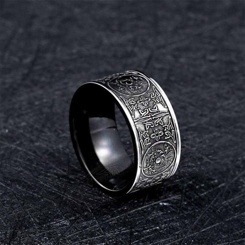 Nimara Ritual Four Guardian Beast Dragon White Tiger Suzaku Basalt Carved Success Luck Ring