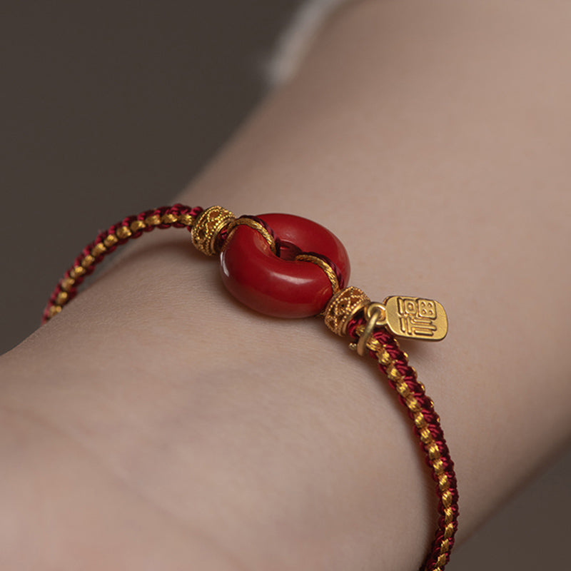 Nimara Ritual Natural Cinnabar Peace Buckle Fu Character Charm Blessing Braided Bracelet