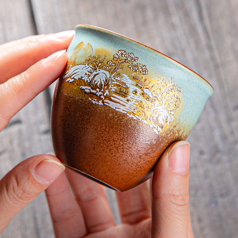 Nimara Ritual Colorful Deer Pipa Snow Plum Blossoms Mountains Rivers Bird Ceramic Teacup Kung Fu Tea Cup Bowl