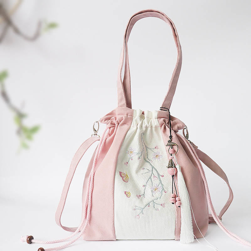 Nimara Ritual Embroidered Grass Flowers Cherry Blossom Canvas Tote Crossbody Bag Shoulder Bag Handbag