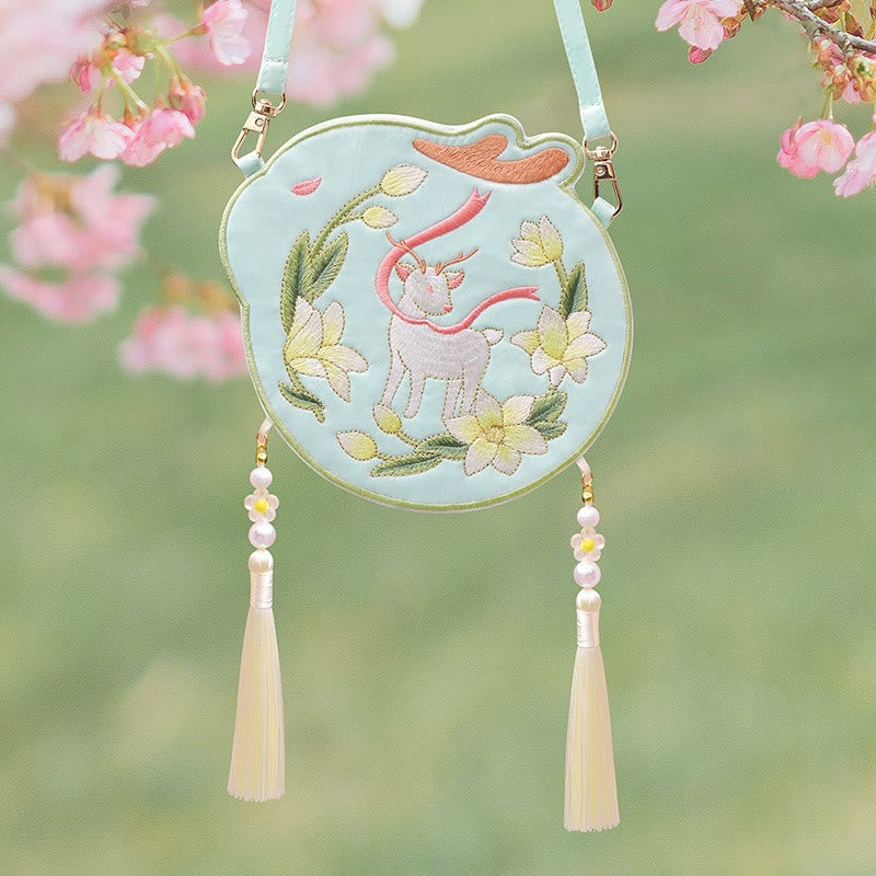 Nimara Ritual Embroidery Lucky Panda Cat Shiba Inu Deer Rabbit Fox Flower Cute Animal Hanfu Bag Crossbody Bag Shoulder Bag