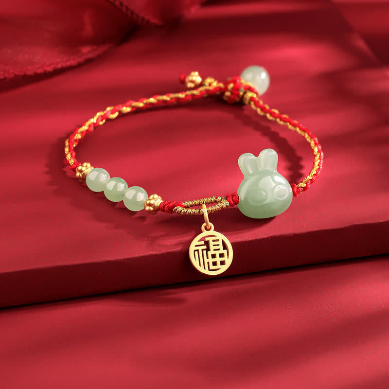 Nimara Ritual 925 Sterling Silver Year of the Rabbit Hetian Jade Happiness Luck Red String Bracelet