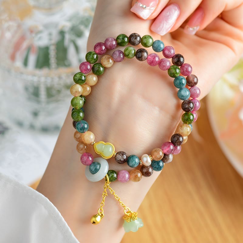 Nimara Ritual Multicolored Tourmaline Gourd Wisdom Double Wrap Lily Of The Valley Charm Bracelet