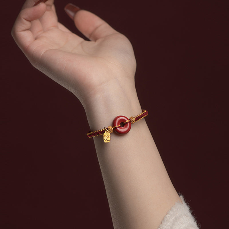 Nimara Ritual Natural Cinnabar Peace Buckle Fu Character Charm Blessing Braided Bracelet