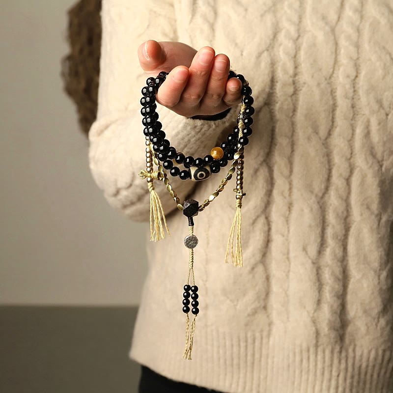 Nimara Ritual Tibetan 108 Mala Beads Black Onyx Three-eyed Dzi Beads Protection Bracelet