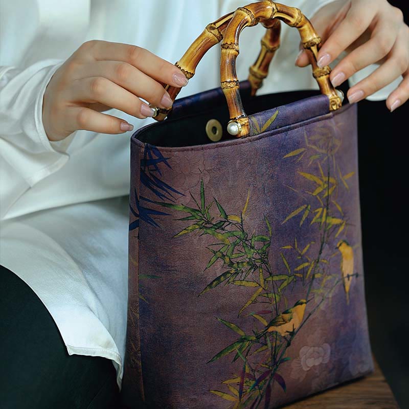 Nimara Ritual Purple Magpie Birds Branches Bamboo Handles Handbag