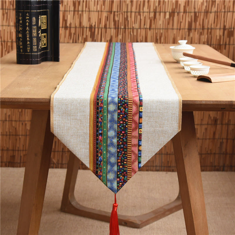Nimara Ritual Classic Chinese Style Lotus Koi Fish Flower Crane Calligraphy Enlightenment Cotton Linen Tassels Table Runner