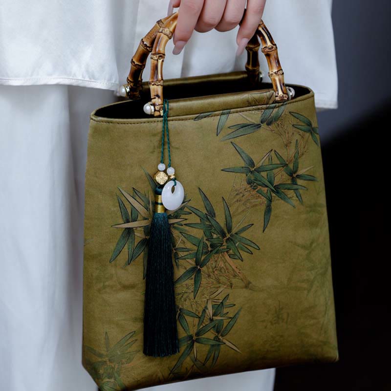 Nimara Ritual Yellow Green Bamboo Leaves Bamboo Handles Handbag