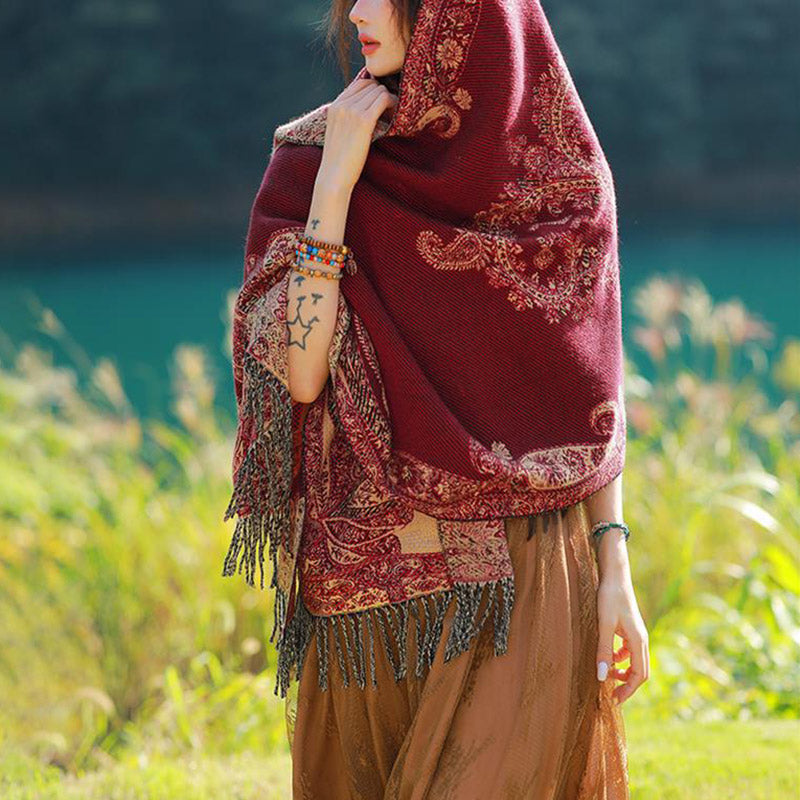 Nimara Ritual Tibetan Vine Leaves Pattern Design Shawl Cozy Travel Scarf Wrap