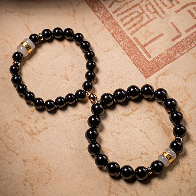 Nimara Ritual Black Obsidian Jade Om Mani Padme Hum Strength Couple Magnetic Bracelet