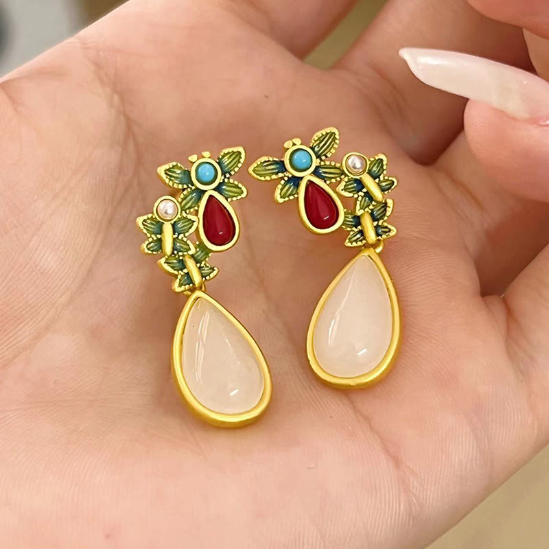 Nimara Ritual Water Drop White Jade Red Agate Butterfly Protection Drop Dangle Earrings