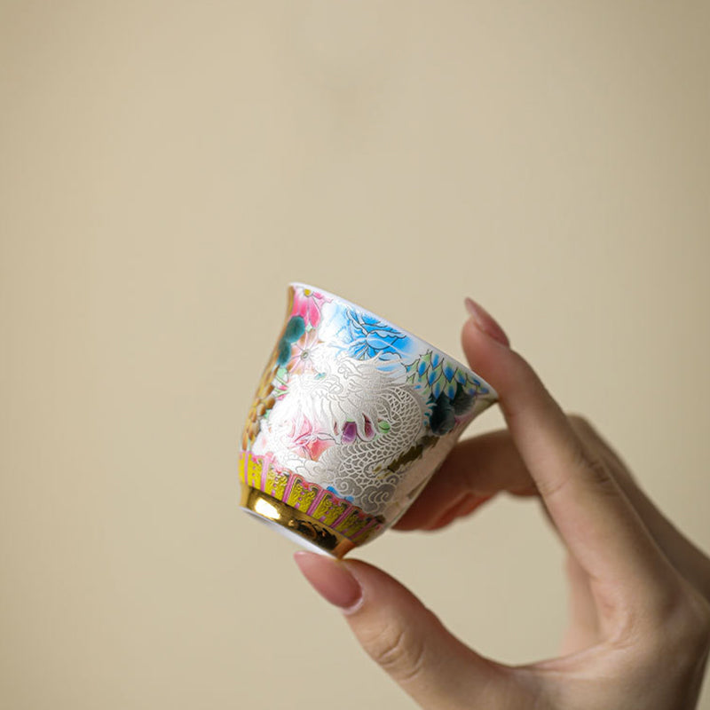 Nimara Ritual Dragon Phoenix Flowers Ceramic Teacup Kung Fu Tea Cup 50ml