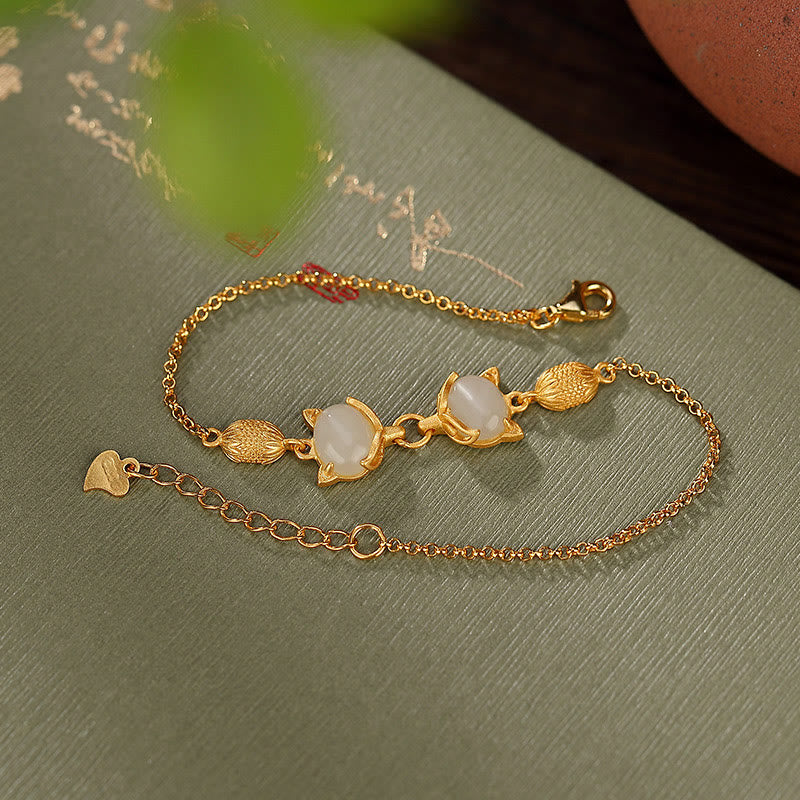 Nimara Ritual 925 Sterling Silver Natural Hetian White Jade Cyan Jade Lovely Fox Luck Bracelet