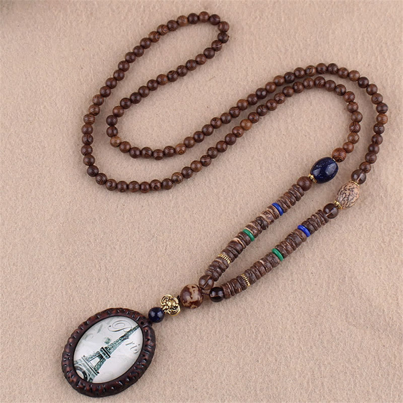 Nimara Ritual Tibetan Wenge Wood Bodhi Seed Agate Elephant Protection Necklace Pendant