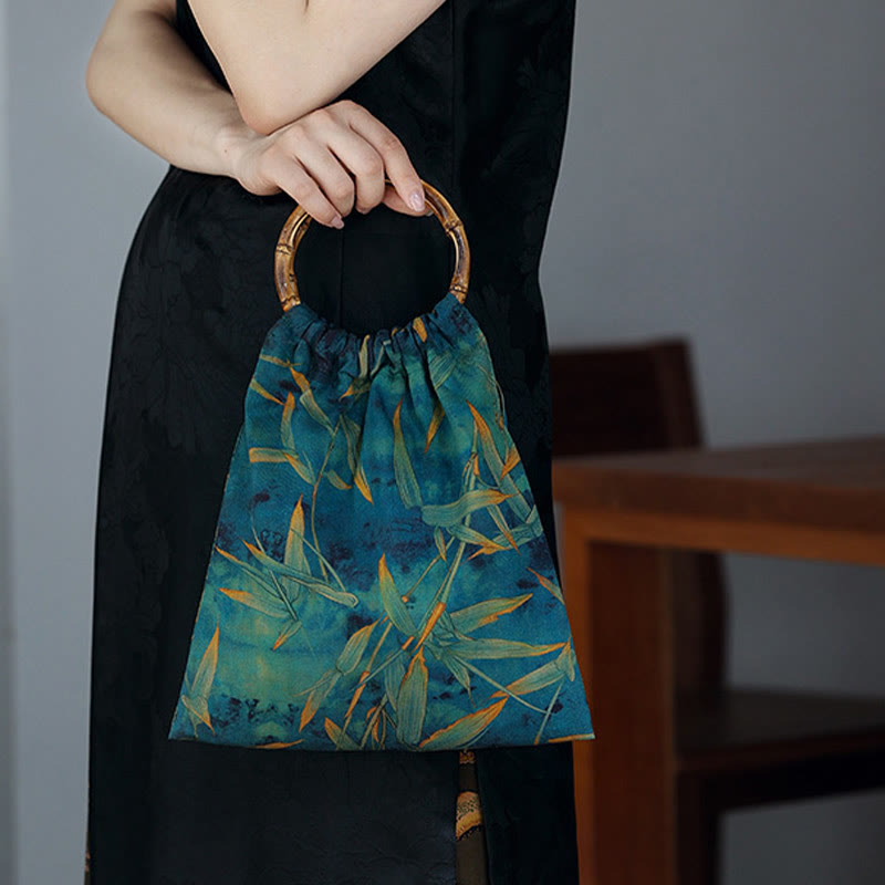 Nimara Ritual Blue Green Bamboo Leaves Bamboo Handles Handbag