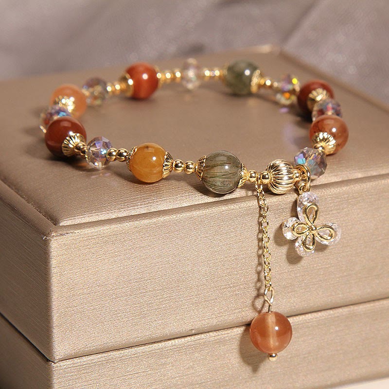 Nimara Ritual Natural Fu Lu Shou Rainbow Crystal Rutilated Quartz Wealth Butterfly Charm Bracelet
