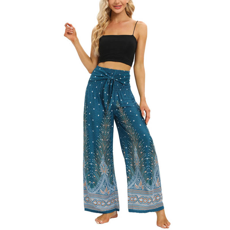 Nimara Ritual Boho Peacock Feathers Lace-up Wide Leg Pants Women's Yoga Pants