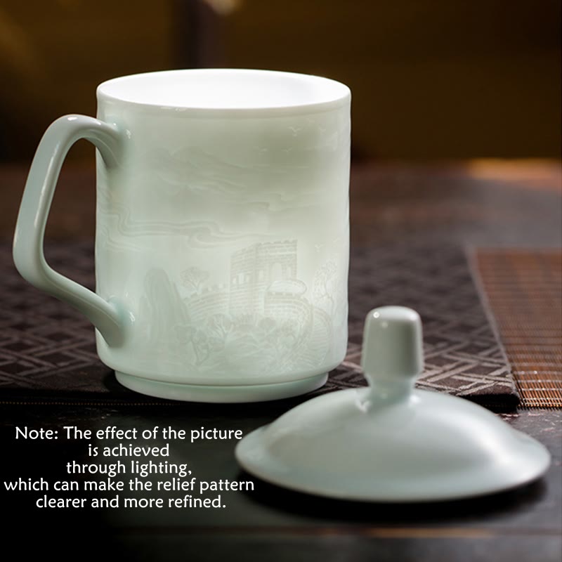 Nimara Ritual Jingdezhen White Porcelain Handmade Great Wall Landscape Engraved Ceramic Teacup Office Mug Tea Cups