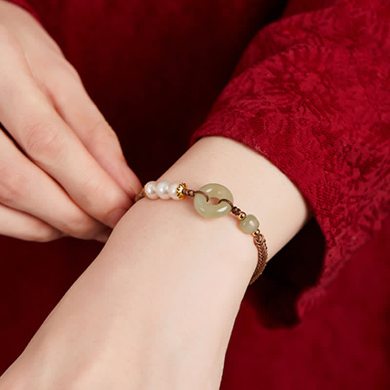 Nimara Ritual Natural Hetian Jade Pearl Peace Buckle Luck Bracelet