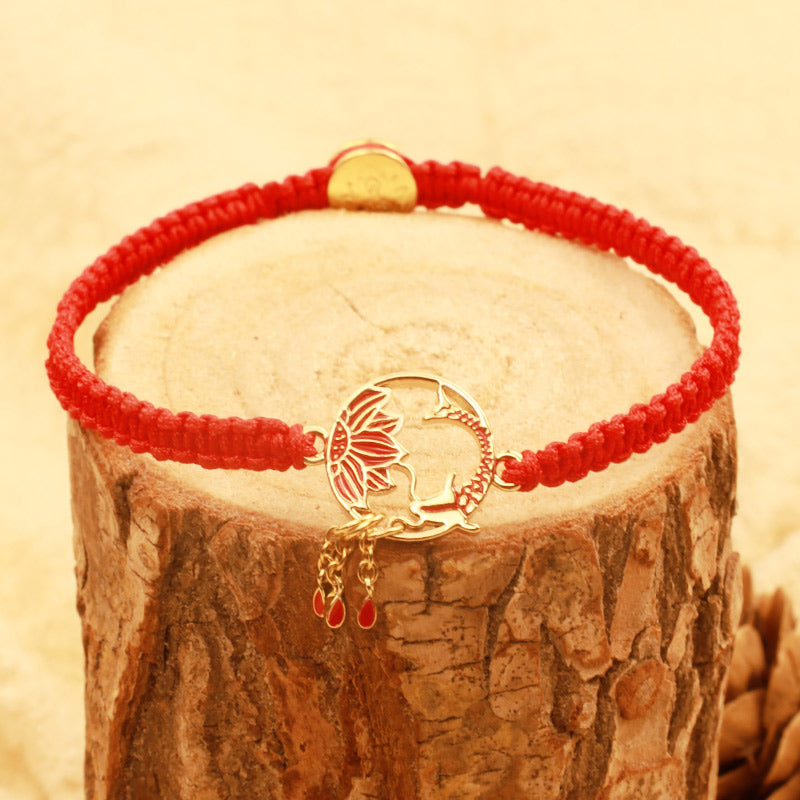 Nimara Ritual Tibetan Handmade Lotus Koi Fish Lucky Red String Bracelet
