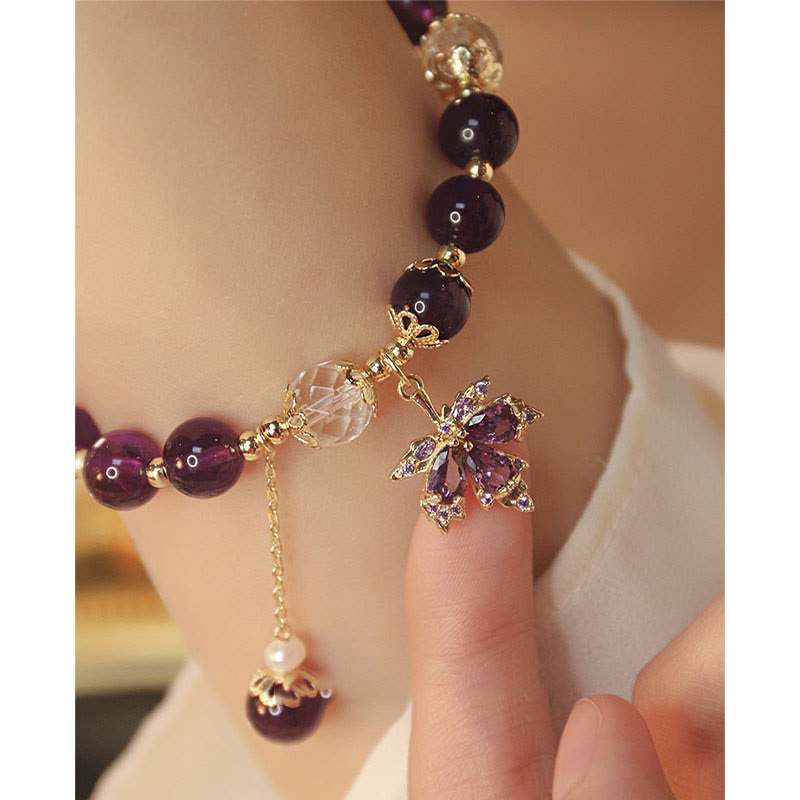 Nimara Ritual 14k Gold Plated Natural Amethyst Healing Maple Leaf Charm Bracelet