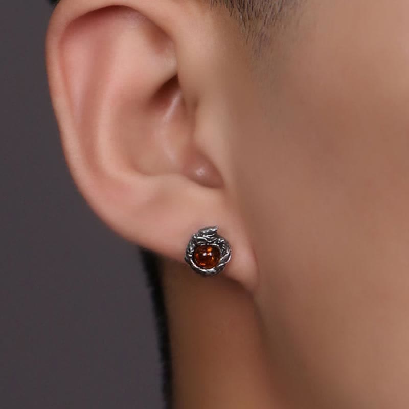 Nimara Ritual 925 Sterling Silver Natural Amber Dragon Success Protection Stud Earring