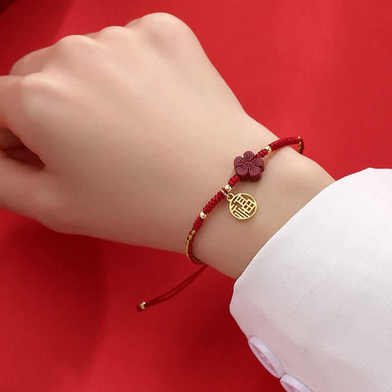 Nimara Ritual Cinnabar Flower Fu Character Blessing Braided String Bracelet