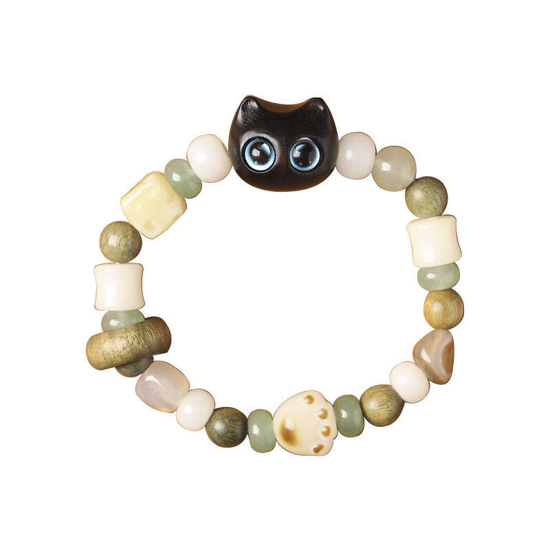Nimara Ritual Bodhi Seed Green Sandalwood Ebony Wood Small Leaf Red Sandalwood Cat Head Paw Claw Peace Bracelet