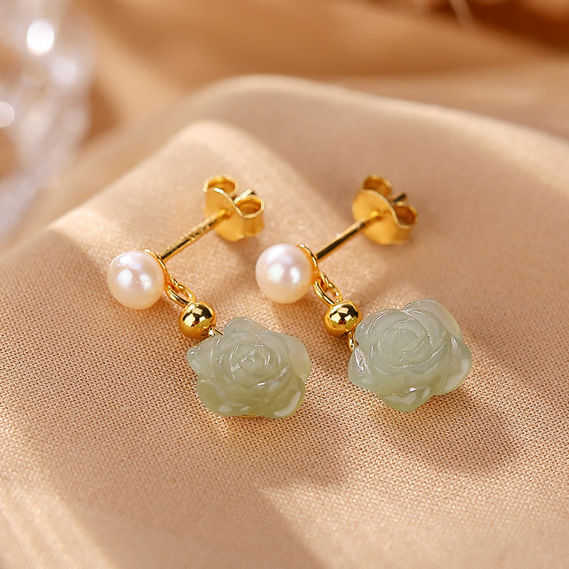 Nimara Ritual 925 Sterling Silver Plated Gold Jade Rose Flower Cyan Jade Pearl Luck Earrings
