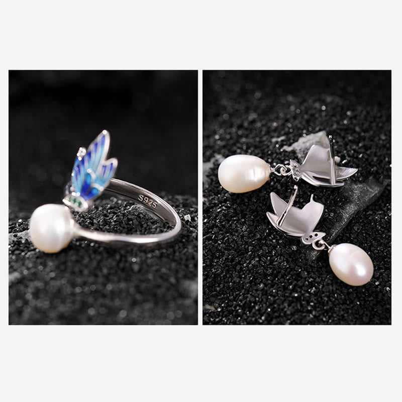 Nimara Ritual 925 Sterling Silver Pearl Butterfly Healing Necklace Pendant Earrings Ring