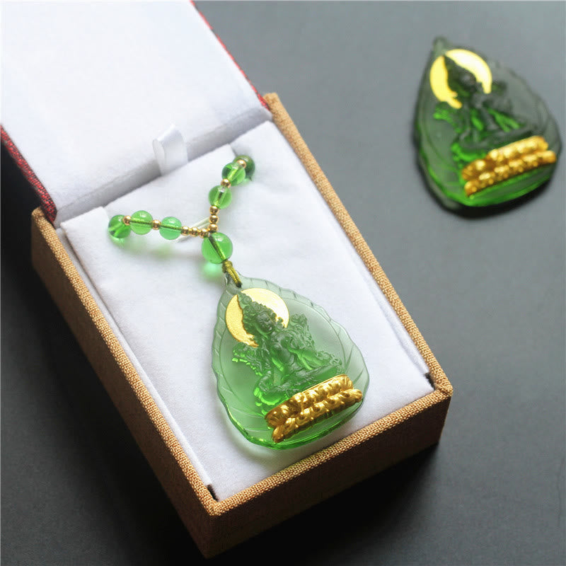 Nimara Ritual Tibetan Green Tara Buddha Gold Plated Liuli Crystal Protection Necklace Pendant