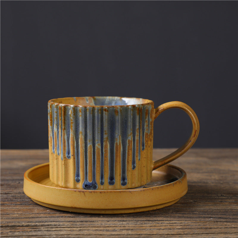Nimara Ritual Retro Striped Kiln Change Ceramic Coffee Mug Rough Pottery Tea Coffee Cup With Saucer 250ml