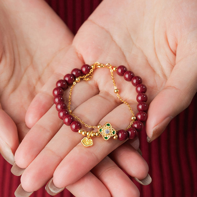 Nimara Ritual 925 Sterling Silver Natural Cinnabar Four Leaf Clover Flower Blessing Chain Bracelet