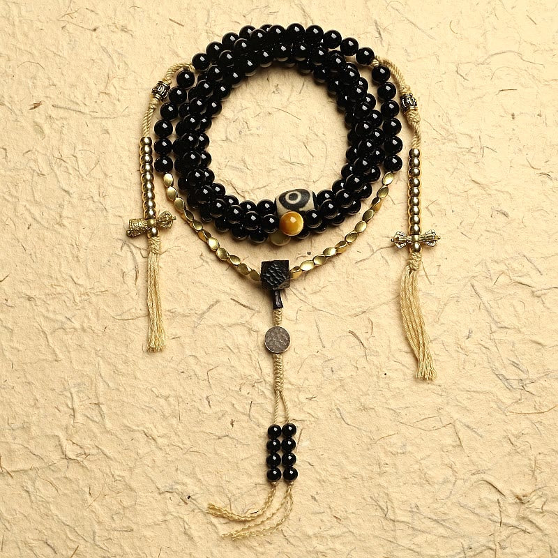 Nimara Ritual Tibetan 108 Mala Beads Black Onyx Three-eyed Dzi Beads Protection Bracelet