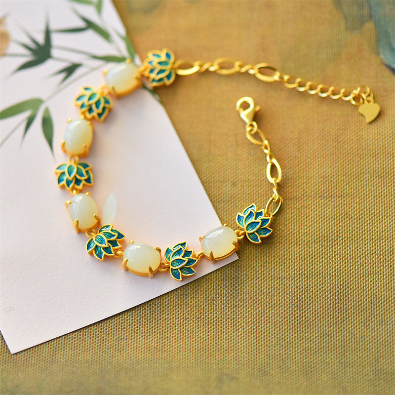 Nimara Ritual White Jade Cyan Jade Lotus Protection Bracelet