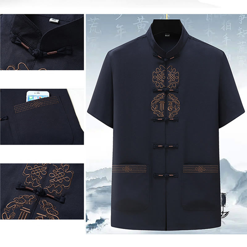 Nimara Ritual Fu Character Chinese Knotting Embroidery Tang Suit Traditional Short Sleeve Top Pants Clothing Men's Set