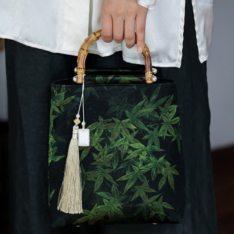 Nimara Ritual Bamboo Leaves Butterfly Koi Fish Bamboo Handles Handbag