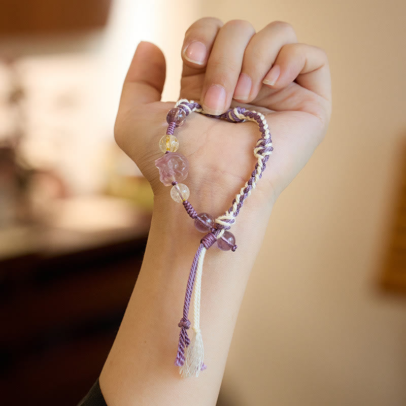 Nimara Ritual Natural Fluorite Amethyst Silver Sheen Obsidian Tiger's Eye Protection Rope Bracelet
