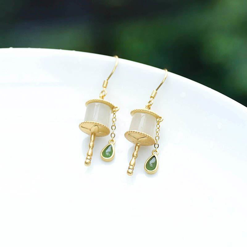 Nimara Ritual 925 Sterling Silver Jade Prayer Wheel Luck Drop Earrings