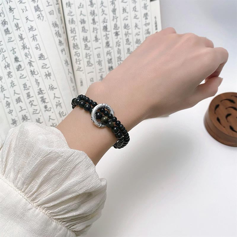 Nimara Ritual 999 Sterling Silver Black Obsidian Fulfillment Strength Double Layer Bracelet
